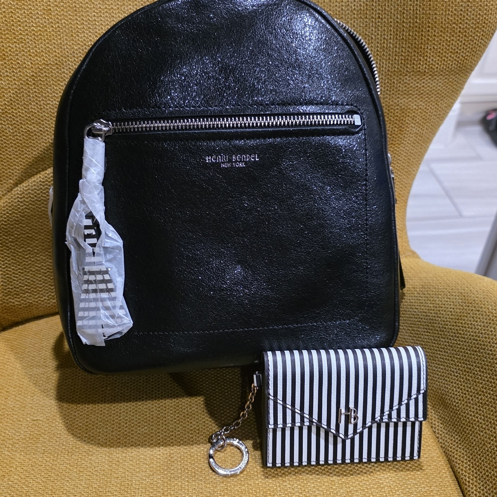 Brand NEW! Henri Bendel Black Backpack with Striped Wallet